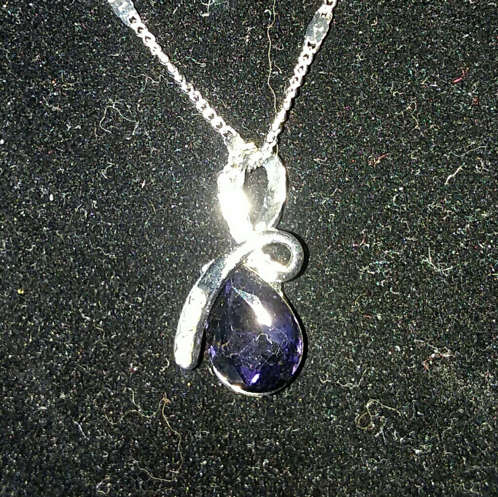 Silvertone Purple stone Teardrop Necklace